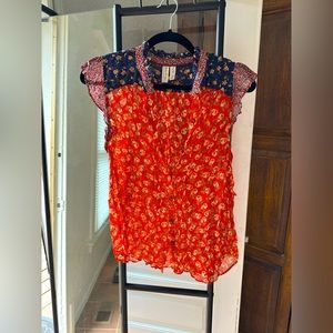 Red & Blue floral button up blouse